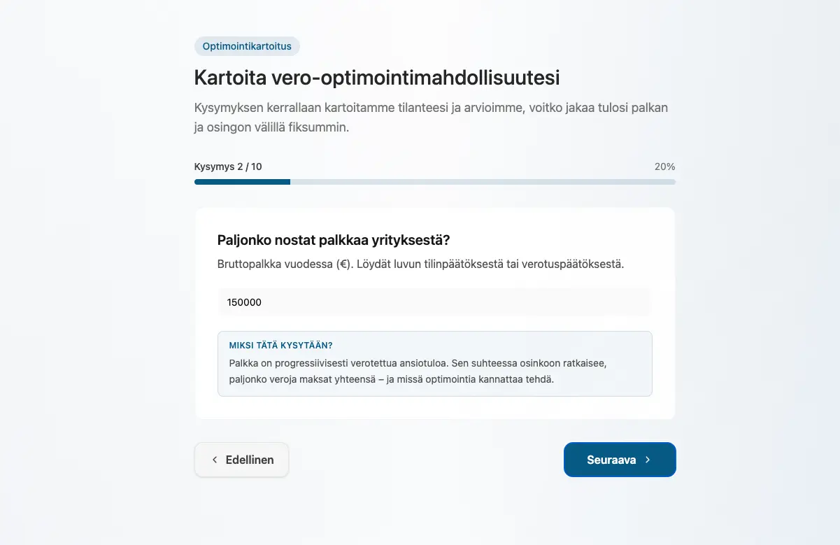 Optimointikartoituksen lomake, jossa yrittäjä syöttää yrityksensä luvut yksi kysymys kerrallaan.