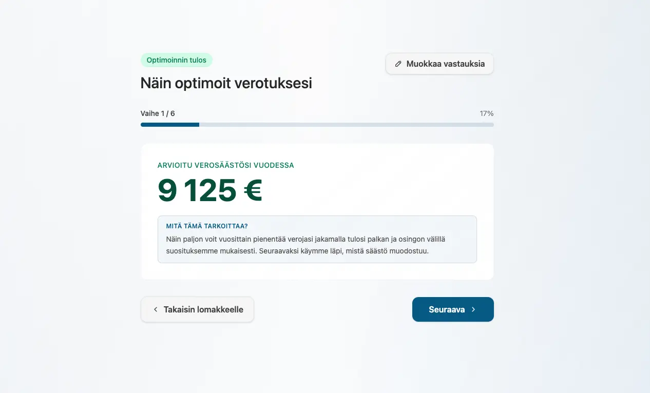 Optimoinnin tulos näyttää arvioidun verosäästön: 9 125 euroa vuodessa.